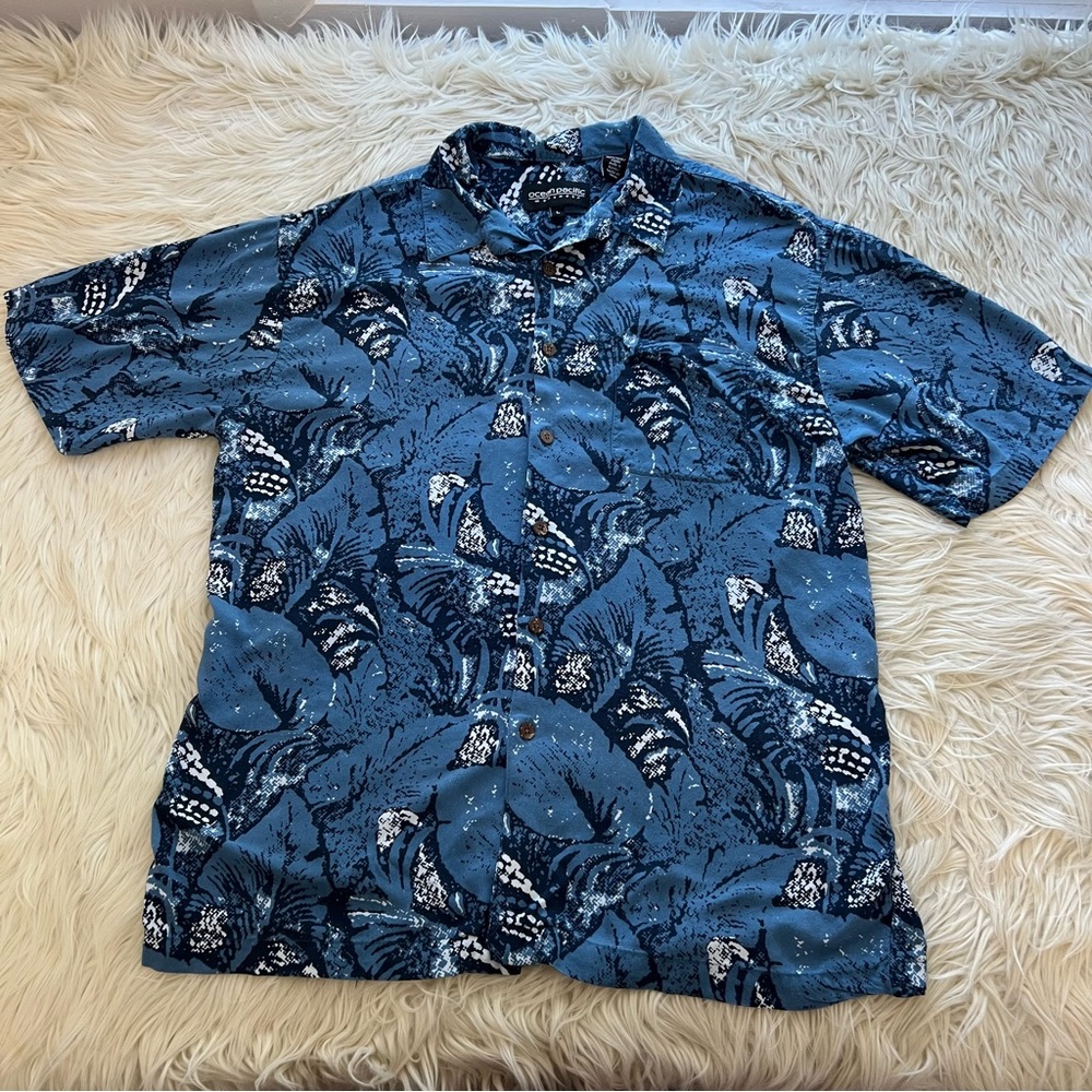 Vintage Ocean Pacific Abstract Tribal Hawaiian Camp Shirt Blue Men’s Size L